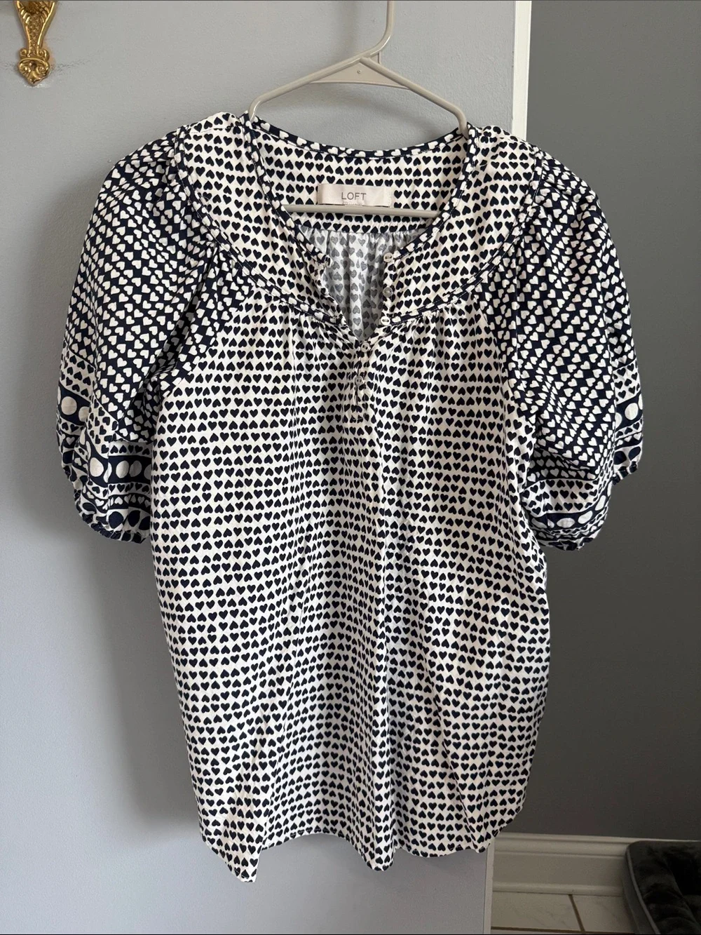 LOFT Navy and White Heart-Print Puff Sleeve Blouse